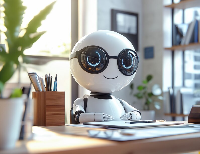 Roboter sitzt hinter einem Schreibtisch