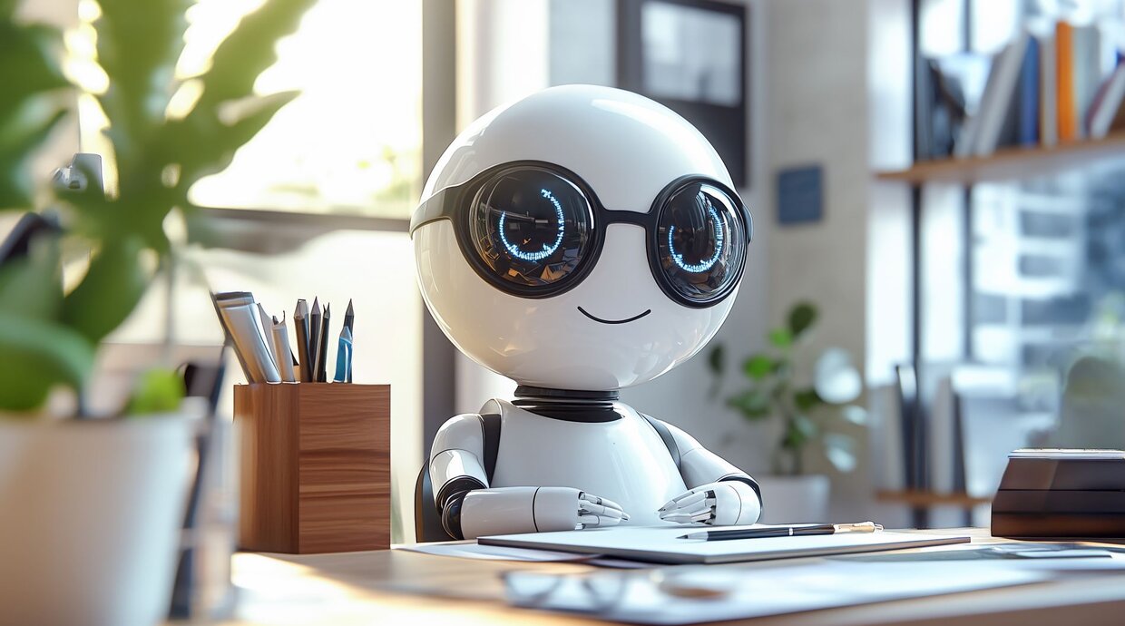 Roboter sitzt hinter einem Schreibtisch